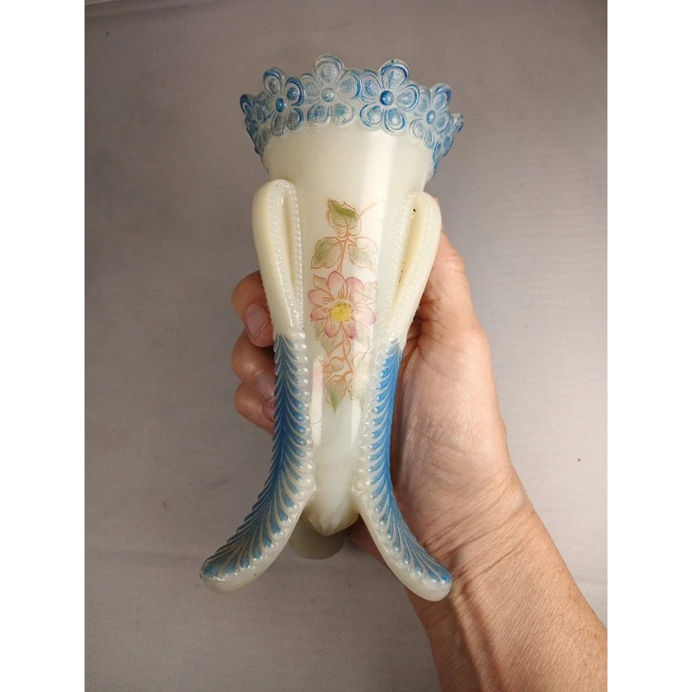 Glass Vase On Petal Feet Victorian Decorated USA Vermont Pattern, 6.5
